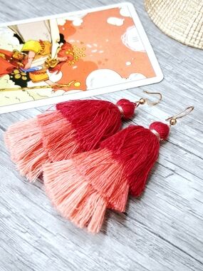 Red and Peach Tiered Tassel Earrings - Women Jewelry